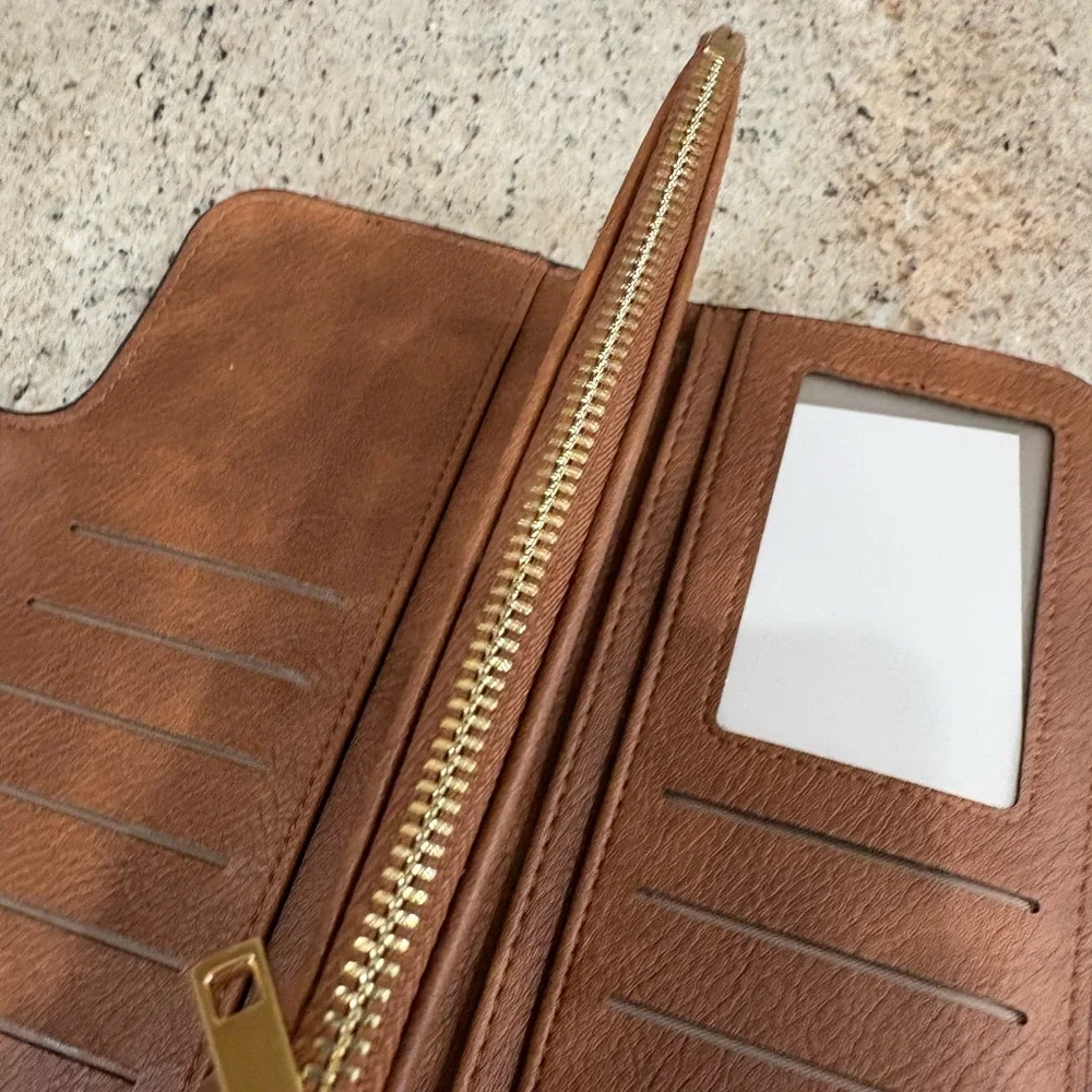 Women's Tan Zip-Around Wallet Clutch with Snap Strap